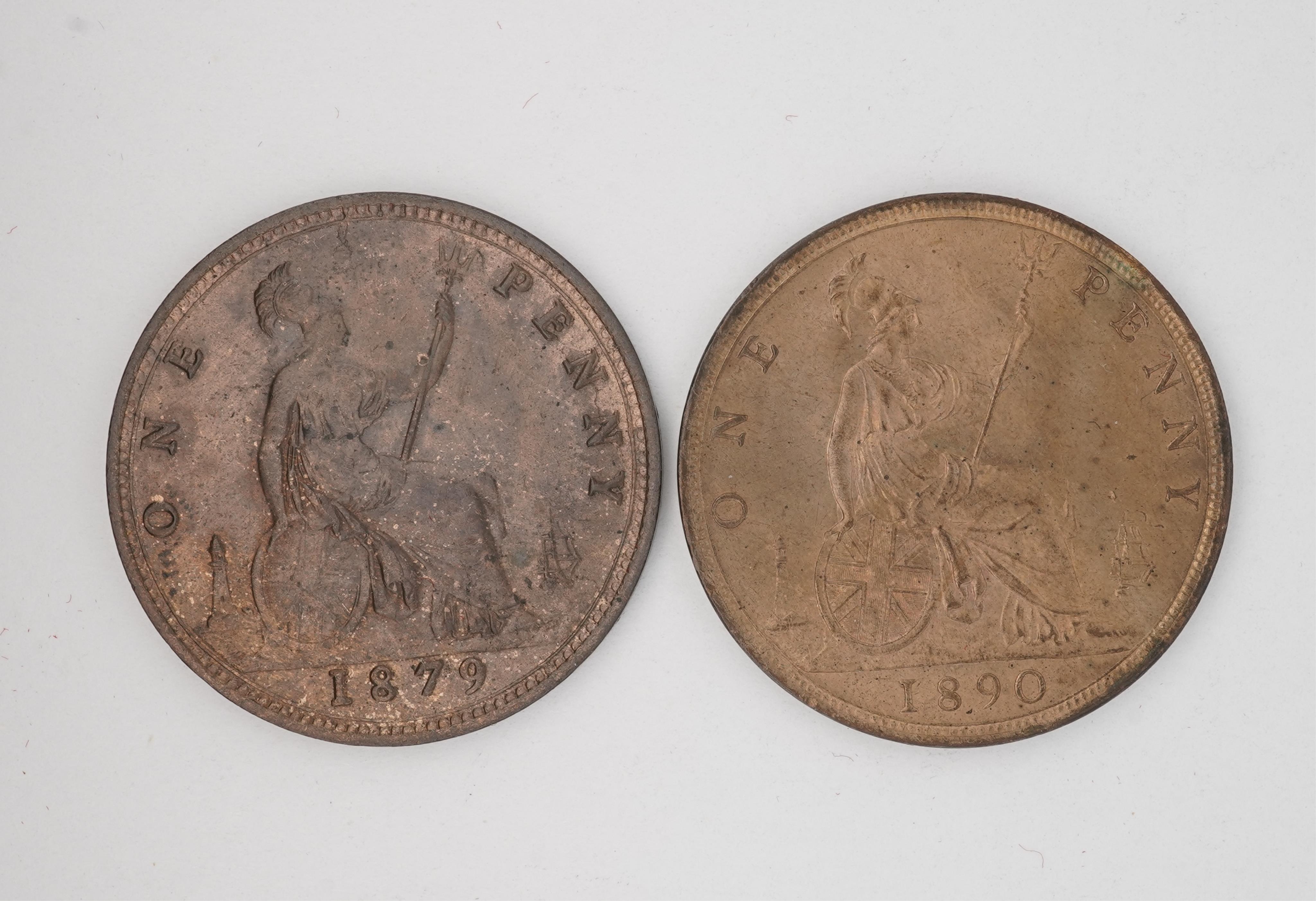 British coins, Victoria, two bronze pennies;, 1879, Fr. 97, Gouby dies M/k, good VF, lustre, 1890, Fr. 130, Gouby dies R/r, about UNC, near full lustre